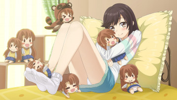 обоя аниме, non non biyori, ichijou, hotaru, non, biyori, малыши, кровать, девушка, арт, koshigaya, komari, куклы, игрушки, подушка