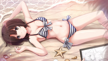 Картинка аниме saenai+heroine+no+sodatekata katou megumi позирует kazenokaze saenai heroine no sodatekata рисунок шатенка купальник арт пляж лето