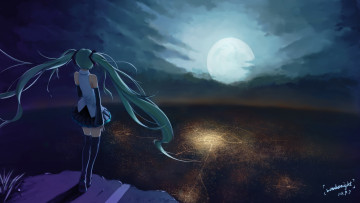 Картинка аниме vocaloid hatsune miku sombernight арт девушка город ночь огни луна небо облака