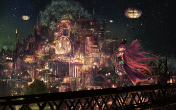 Картинка аниме город +улицы +здания девушка арт popopo5656 огни ночь