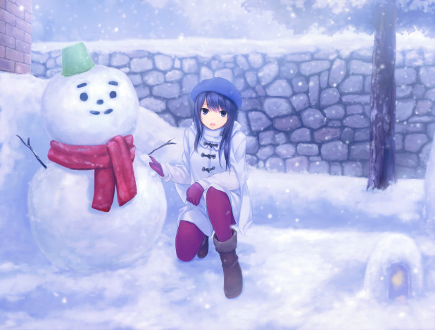 Обои картинки фото аниме, зима,  новый год,  рождество, снег, снеговик, девушка, coffee-kizoku, арт