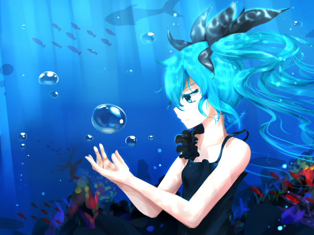 Обои картинки фото аниме, vocaloid, пузыри, девушка, вода, море, рыбки, арт, bai, yemeng, hatsune, miku