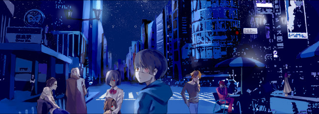 Обои картинки фото аниме, tokyo ghoul, город, ночь, гули, красные, глаза