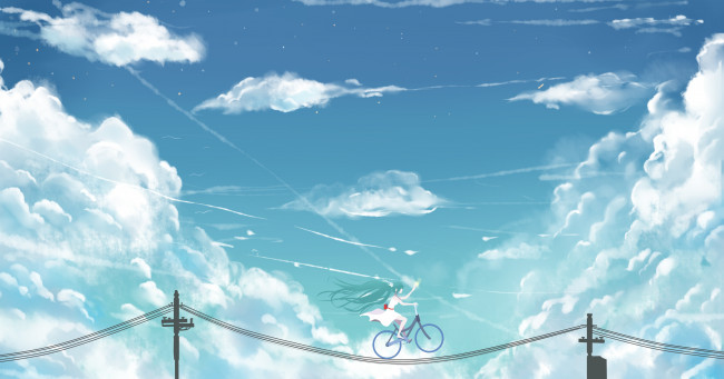 Обои картинки фото аниме, vocaloid, hatsune, miku, aiovia, арт, небо, облака, велосипед, провода