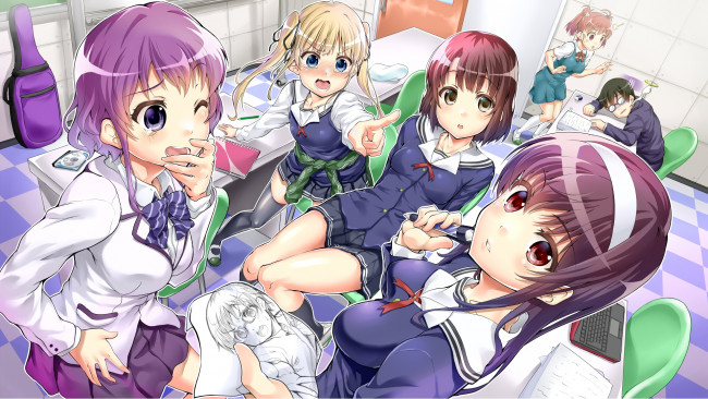 Обои картинки фото аниме, saenai heroine no sodatekata, saenai, heroine, no, sodatekata, hyoudou, michiru, kasumigaoka, utaha, katou, megumi, sawamura, spencer, eriri, ekakibito, класс, парты, девушки, парень