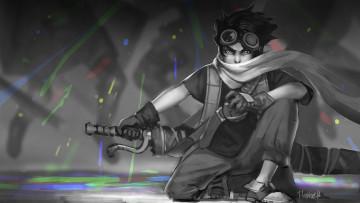 Картинка аниме оружие +техника +технологии очки парень artea шарф меч сидя арт