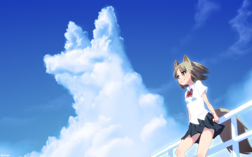 Картинка аниме животные +существа девочка собака арт syego облако