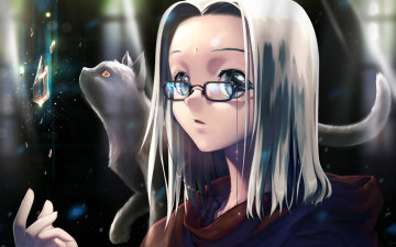 Картинка аниме животные +существа девушка очки кристалл белые волосы кошка