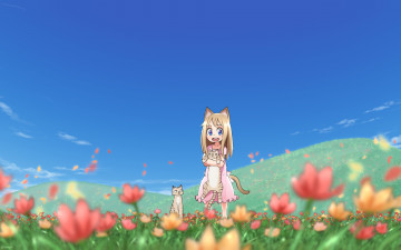 Картинка аниме животные +существа коты арт syego цветы небо луг девочка