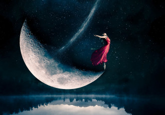 Картинка разное компьютерный+дизайн ночь озеро небо луна девушка
