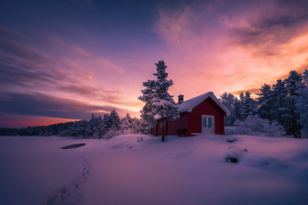 Картинка города -+здания +дома закат зима тропа снег домик краски вечер