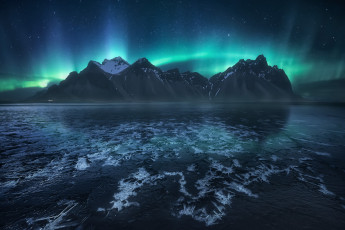 обоя природа, северное сияние, стокснес, ночь, исландия, небо, мыс, звезды, горы, северное, сияние, фьорд, хорнафьордюр