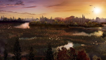 Картинка 3д+графика природа+ nature река закат лес облака