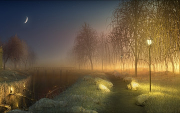 Картинка 3д+графика природа+ nature ночь свет фонари