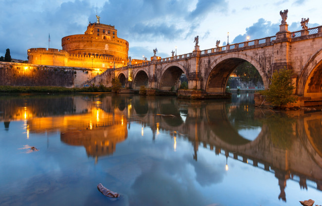 Обои картинки фото города, - мосты, река, тибр, италия, рим, мост, замок, святого, ангела, огни