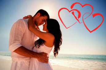 Картинка разное мужчина+женщина влюблённые горизонт объятия красные море парень сердца девушка пляж в белом солнце небо день святого валентина