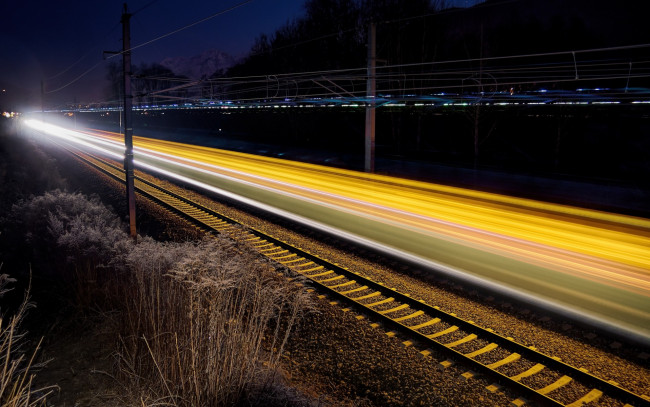 Обои картинки фото разное, транспортные средства и магистрали, железная, дорога, огни, ночь