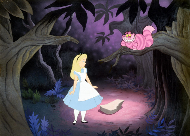 Обои картинки фото мультфильмы, alice in wonderland, лес, кот, алиса
