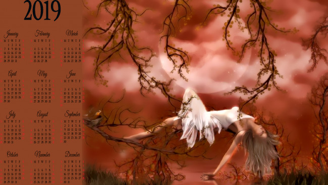 Обои картинки фото календари, фэнтези, дерево, девушка, луна