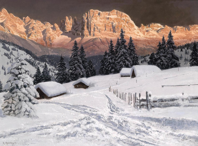 Обои картинки фото рисованное, alois arnegger, дома, горы, долина, лес, ёлки, снег, зима, следы