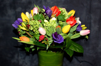 Картинка цветы букеты композиции анемоны тюльпаны пестрый