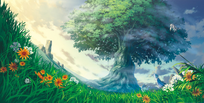 Обои картинки фото аниме, *unknown, другое, небо, цветок, девушка, растение, существо, дерево