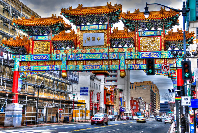 Обои картинки фото китайский, квартал, города, вашингтон, сша, арка, восток, дома, дорога