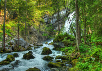 Картинка природа водопады лес речка камни мох трава