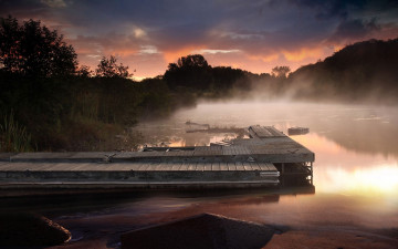 Картинка природа реки озера вечер река туман помост