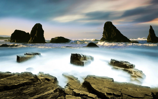Обои картинки фото разное, компьютерный, дизайн, океан, скалы, камни, волны, туман