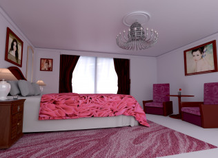 Картинка 3д+графика realism+ реализм светильник картины комната кровать подушки