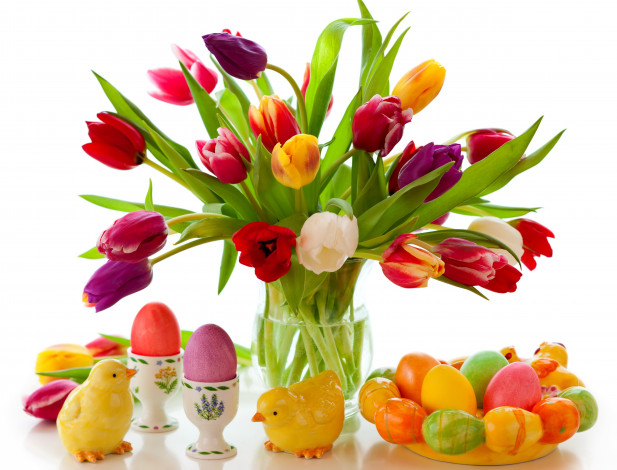 Обои картинки фото праздничные, пасха, яйца, весна, цветы, тюльпаны, tulips, colorful, eggs, flowers, spring, easter, крашеные