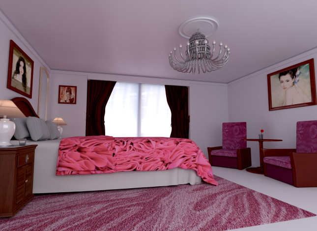 Обои картинки фото 3д графика, realism , реализм, светильник, картины, комната, кровать, подушки