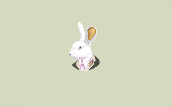 Обои картинки фото рисованные, минимализм, ухи, голова, rabbit, кролик, заяц, галстук, светлый, фон