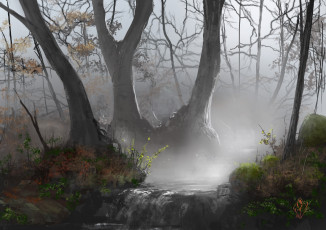 Картинка рисованное природа деревья водопад ручей