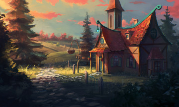 Картинка рисованное города дом лес дорога небо облака поле вывеска