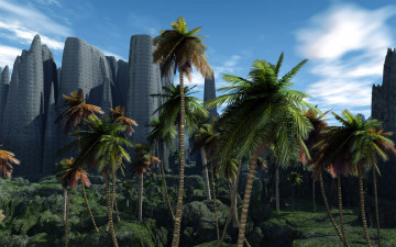 Картинка 3д+графика природа+ nature облака горы пальмы