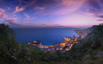 обоя города, монако , монако, вечер, панорама, город, море, побережье