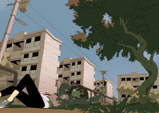 Картинка аниме город +улицы +здания девушка