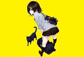Картинка аниме животные +существа девочка кошка