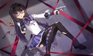 Картинка аниме mahou+shoujo+madoka+magika оружие фон взгляд девушка