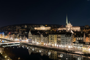 Картинка города цюрих+ швейцария вечер панорама мост река