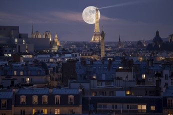 обоя города, париж , франция, ночь, луна