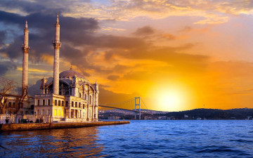 обоя города, стамбул , турция, мост, закат, мечеть
