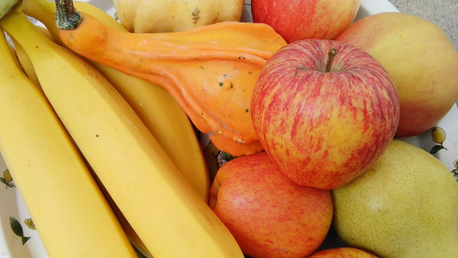 Обои картинки фото еда, фрукты и овощи вместе, тыква, бананы, яблоки