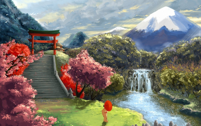 Обои картинки фото рисованное, природа, арка, лестница, девушка, водопад, деревья, горы