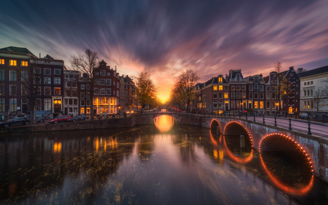 Обои картинки фото города, амстердам , нидерланды, канал, вечер, огни