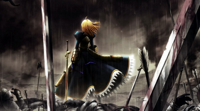 Обои картинки фото аниме, fate, zero, девушка, дождь, оружие