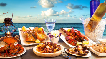 обоя еда, рыбные блюда,  с морепродуктами, накрытый, стол, морепродукты, ассорти