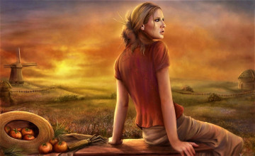Картинка рисованное люди девушка стол мельница помидоры